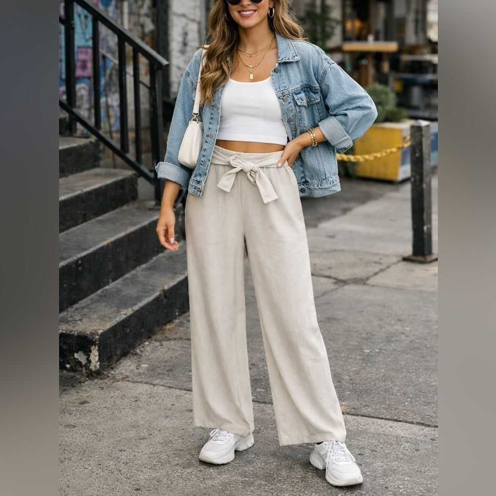 Zara Tie-Front Wide Leg Lounge Pants – Cream, Soft Knit, Relaxed Fit, Sz L